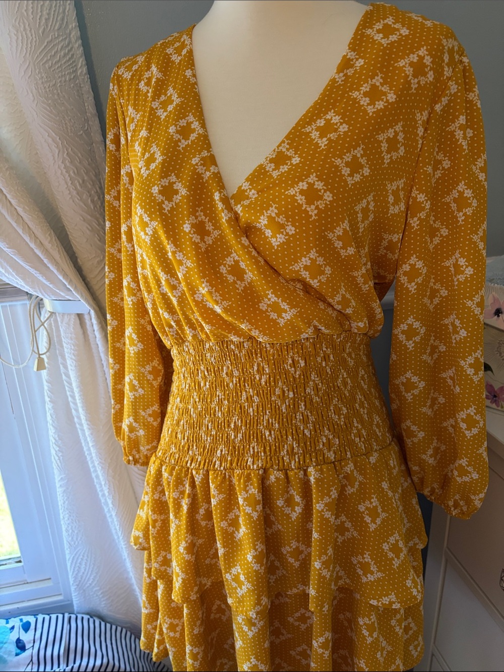 Blue Rain Mustard Yellow Floral Mini Dress